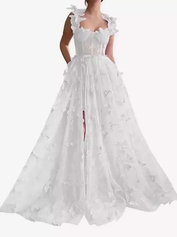 Prom Dress Floral Lace Sweetheart Neck A-Line Sleeveless Butterfly Pageant Dresses