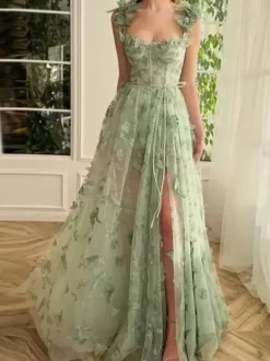 Prom Dress Floral Lace Sweetheart Neck A-Line Sleeveless Butterfly Pageant Dresses