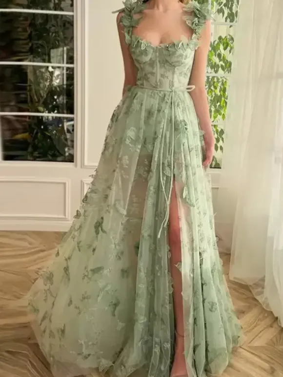 Prom Dress Floral Lace Sweetheart Neck A-Line Sleeveless Butterfly Pageant Dresses