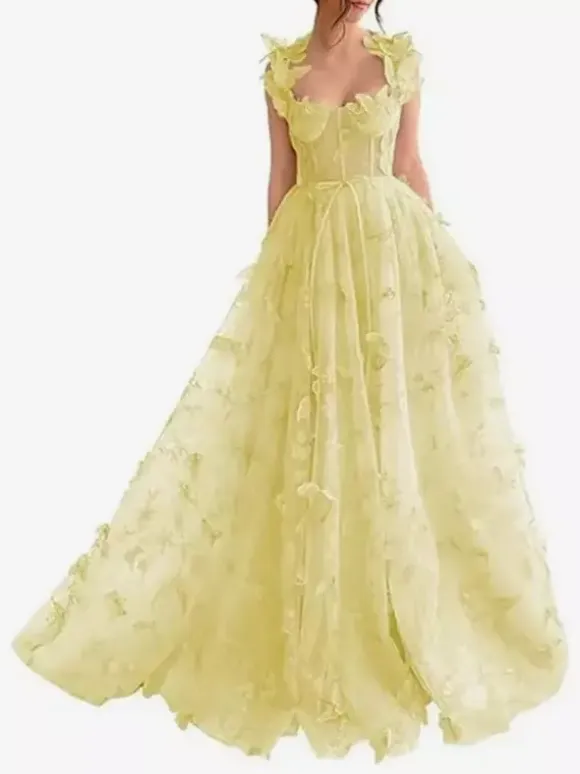 Prom Dress Floral Lace Sweetheart Neck A-Line Sleeveless Butterfly Pageant Dresses