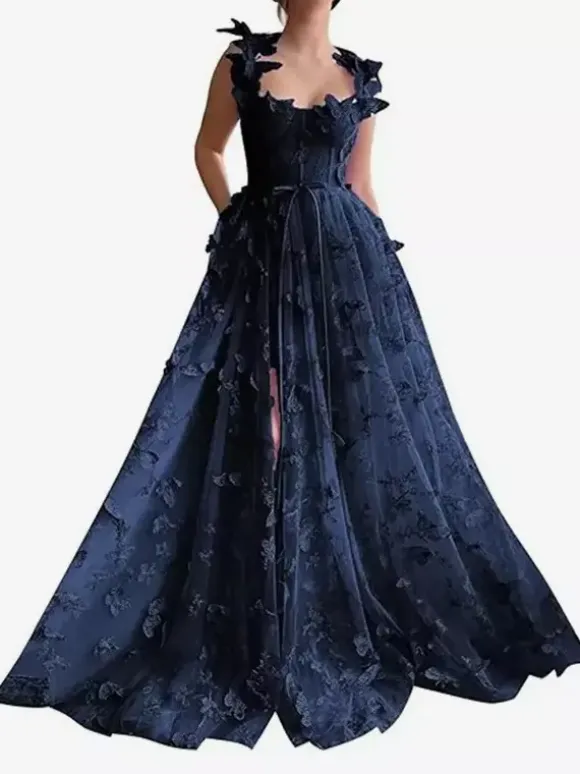 Prom Dress Floral Lace Sweetheart Neck A-Line Sleeveless Butterfly Pageant Dresses