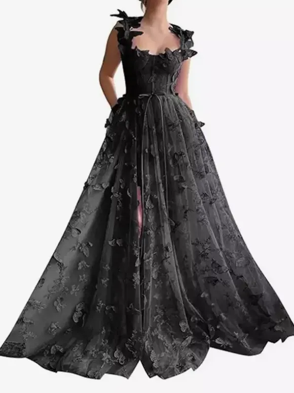 Prom Dress Floral Lace Sweetheart Neck A-Line Sleeveless Butterfly Pageant Dresses
