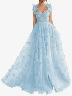 Prom Dress Floral Lace Sweetheart Neck A-Line Sleeveless Butterfly Pageant Dresses