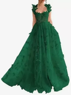 Prom Dress Floral Lace Sweetheart Neck A-Line Sleeveless Butterfly Pageant Dresses