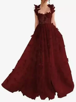 Prom Dress Floral Lace Sweetheart Neck A-Line Sleeveless Butterfly Pageant Dresses