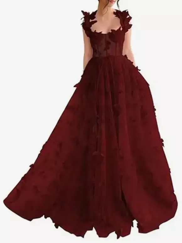 Prom Dress Floral Lace Sweetheart Neck A-Line Sleeveless Butterfly Pageant Dresses
