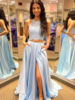 Prom Dress Halter Two-piece Sleeveless Lace Party Dresses