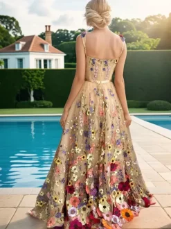 Prom Dress Lace Bateau Neck A-Line Sleeveless Applique Party Dresses