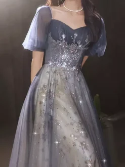 Prom Dress Lace Square Neck A-Line Short Sleeves Pageant Dresses