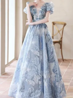 Prom Dress Lace V-Neck A-Line Short Sleeves Party Dresses