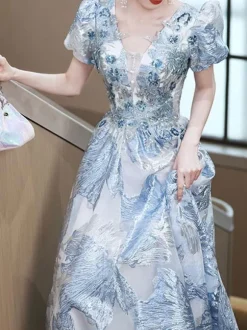 Prom Dress Lace V-Neck A-Line Short Sleeves Party Dresses
