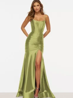 Prom Dress Mermaid Designed Neckline Elastic Silk Like Satin Sweep Pleated Formal Party Dresses