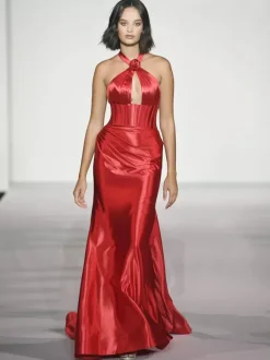 Prom Dress Mermaid Halter Elastic Silk Like Satin Sweep Flowers Social Evening Dresses