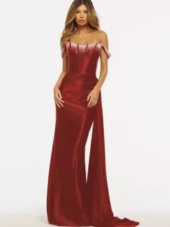 Prom Dress Mermaid Strapless Sweep Sleeveless Zipper Satin Fabric Formal Dinner Dresses