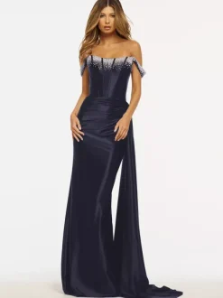 Prom Dress Mermaid Strapless Sweep Sleeveless Zipper Satin Fabric Formal Dinner Dresses