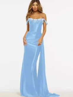 Prom Dress Mermaid Strapless Sweep Sleeveless Zipper Satin Fabric Formal Dinner Dresses