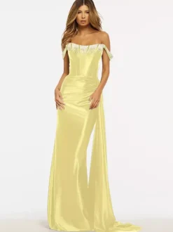 Prom Dress Mermaid Strapless Sweep Sleeveless Zipper Satin Fabric Formal Dinner Dresses