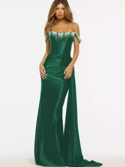 Prom Dress Mermaid Strapless Sweep Sleeveless Zipper Satin Fabric Formal Dinner Dresses