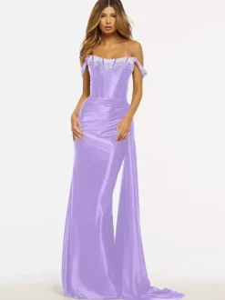 Prom Dress Mermaid Strapless Sweep Sleeveless Zipper Satin Fabric Formal Dinner Dresses