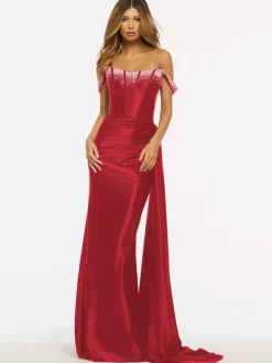Prom Dress Mermaid Strapless Sweep Sleeveless Zipper Satin Fabric Formal Dinner Dresses