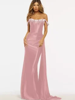Prom Dress Mermaid Strapless Sweep Sleeveless Zipper Satin Fabric Formal Dinner Dresses