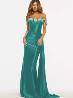 Prom Dress Mermaid Strapless Sweep Sleeveless Zipper Satin Fabric Formal Dinner Dresses