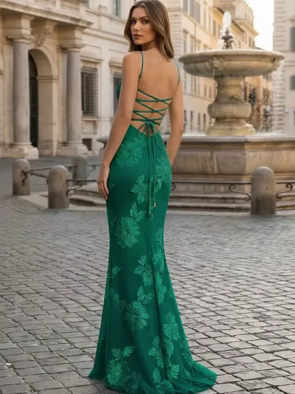 Prom Dress Mermaid Sweetheart Neck Sleeveless Lace-up Flowers Lace Formal Party Dresses