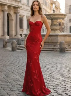 Prom Dress Mermaid Sweetheart Neck Sleeveless Lace-up Flowers Lace Formal Party Dresses