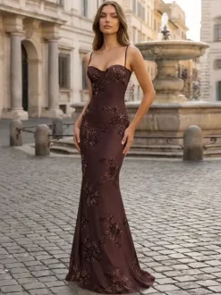 Prom Dress Mermaid Sweetheart Neck Sleeveless Lace-up Flowers Lace Formal Party Dresses