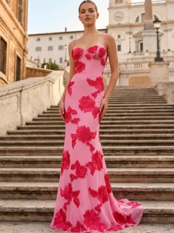 Prom Dress Mermaid Sweetheart Neck Sleeveless Lace-up Flowers Lace Formal Party Dresses