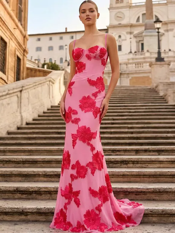 Prom Dress Mermaid Sweetheart Neck Sleeveless Lace-up Flowers Lace Formal Party Dresses