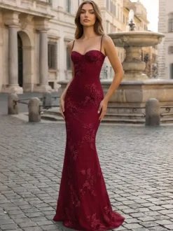 Prom Dress Mermaid Sweetheart Neck Sleeveless Lace-up Flowers Lace Formal Party Dresses