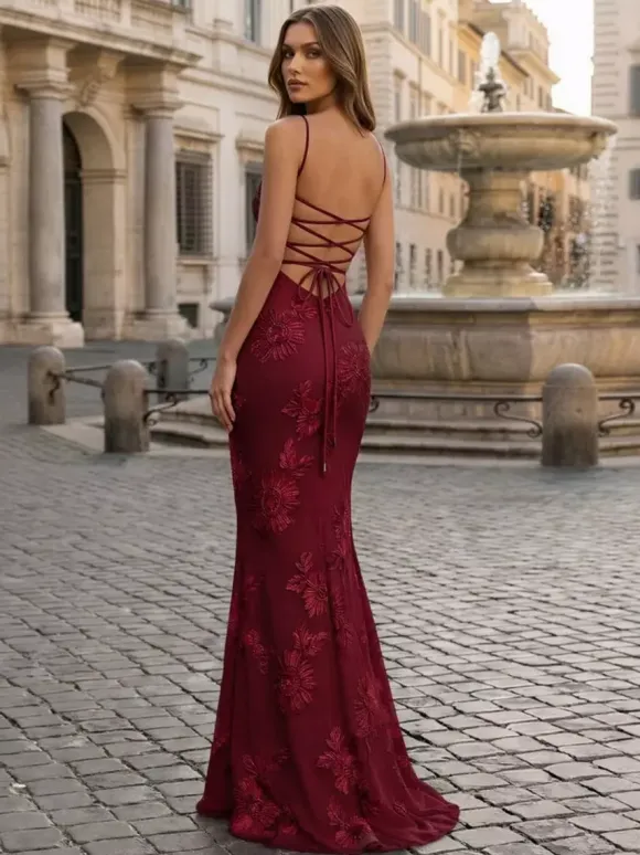 Prom Dress Mermaid Sweetheart Neck Sleeveless Lace-up Flowers Lace Formal Party Dresses