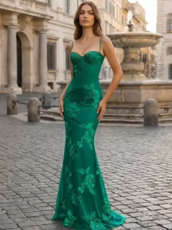 Prom Dress Mermaid Sweetheart Neck Sleeveless Lace-up Flowers Lace Formal Party Dresses