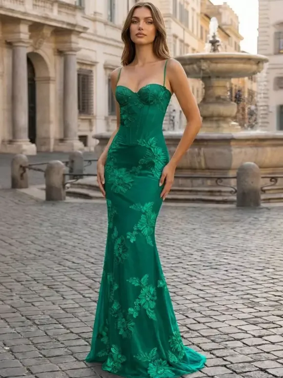Prom Dress Mermaid Sweetheart Neck Sleeveless Lace-up Flowers Lace Formal Party Dresses