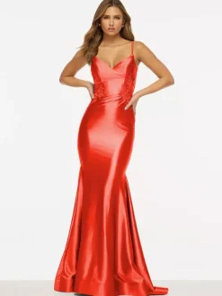 Prom Dress Mermaid V-Neck Sweep Sleeveless Backless Lace Satin Fabric Social Evening Dresses