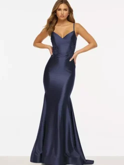 Prom Dress Mermaid V-Neck Sweep Sleeveless Backless Lace Satin Fabric Social Evening Dresses