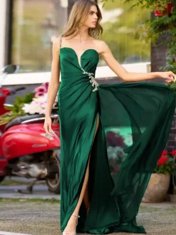 Prom Dress Mermaid V-Neck Elastic Silk Like Satin Sweep Pleated Formal Party Dresses