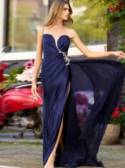 Prom Dress Mermaid V-Neck Elastic Silk Like Satin Sweep Pleated Formal Party Dresses