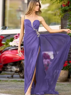 Prom Dress Mermaid V-Neck Elastic Silk Like Satin Sweep Pleated Formal Party Dresses
