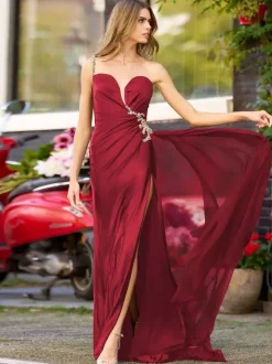 Prom Dress Mermaid V-Neck Elastic Silk Like Satin Sweep Pleated Formal Party Dresses