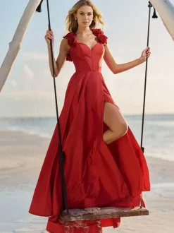 Prom Dress Taffeta Sweetheart Neck A-Line Sleeveless Flowers Party Dresses