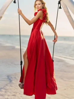 Prom Dress Taffeta Sweetheart Neck A-Line Sleeveless Flowers Party Dresses