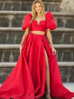 Prom Dress Taffeta Sweetheart Neck Ball Gown Short Sleeves Split Front Party Dresses