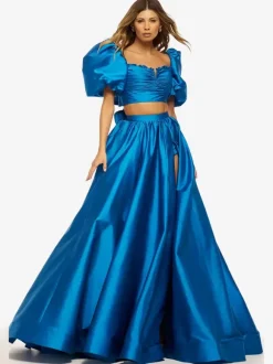 Prom Dress Taffeta Sweetheart Neck Ball Gown Short Sleeves Split Front Party Dresses