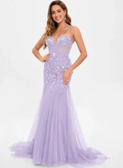 Prom Dress Tulle Strapless Mermaid Sleeveless Sequins Party Dresses