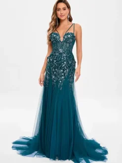 Prom Dress Tulle Strapless Mermaid Sleeveless Sequins Party Dresses