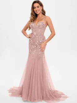 Prom Dress Tulle Strapless Mermaid Sleeveless Sequins Party Dresses