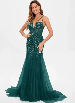 Prom Dress Tulle Strapless Mermaid Sleeveless Sequins Party Dresses
