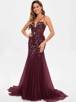 Prom Dress Tulle Strapless Mermaid Sleeveless Sequins Party Dresses